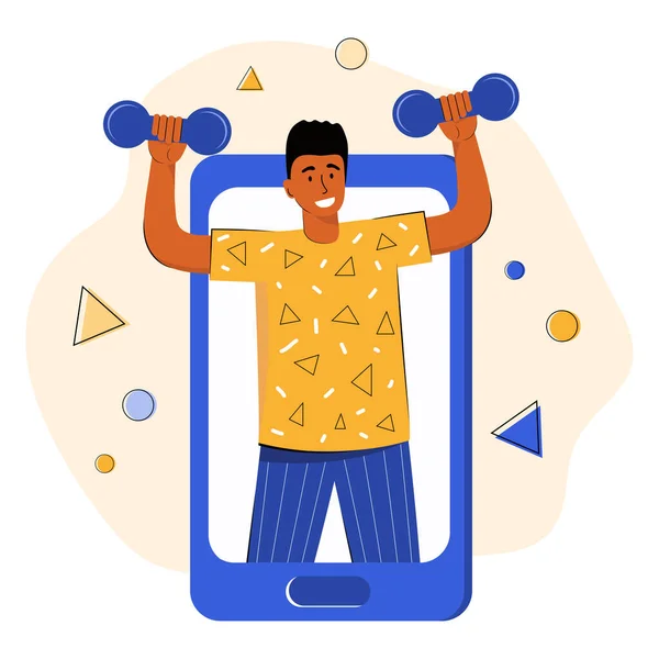 Online Sports Training Trainer Conducts Strength Training Using Mobile App — Stock Vector