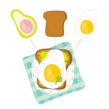 Kahvaltı için sağlıklı bir diyet sandviç. Sandviç malzemeleri - avokado, tost, kızarmış yumurta, yeşiller. Kahvaltı tarifi. Diyet keto yemeği. Çizgi film tarzında elle çizilmiş vektör çizimi.