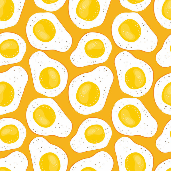 Seamless pattern of fried eggs on a bright orange background. Hand drawn vector illustration of eggs. Healthy Breakfast in the morning. Farm products in cartoon style