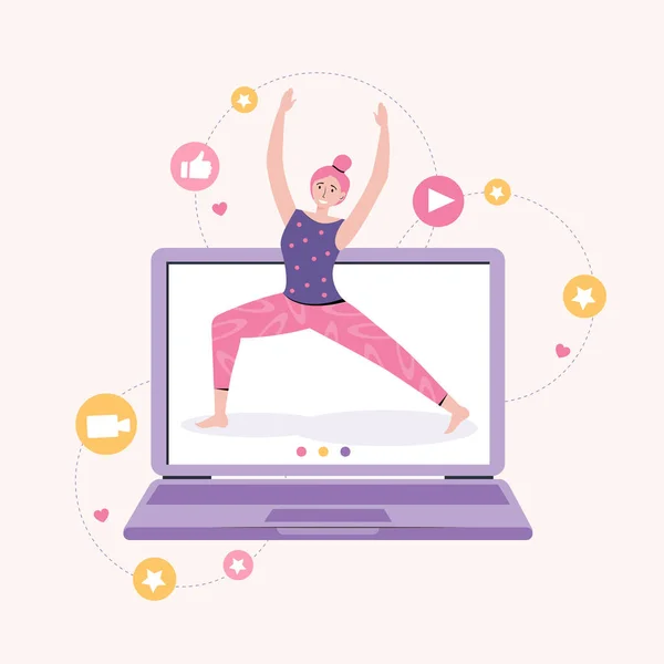 Evde eğitmenle çevrimiçi yoga. Kişisel spor eğitimi. Fitness blogu ve egzersiz uygulaması konsepti. Kadın blogcu fitness egzersizi gösteriyor. Aktif yaşam tarzı ve spor eğitimi. Vektör illüstrasyonu