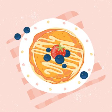 Kremalı, çilekli ve yaban mersinli krep. Beyaz tabakta böğürtlenli krep. Şerbetli mi, ballı mı? Yaz kahvaltısı ya da brunch. El çizimi vektör illüstrasyonu.