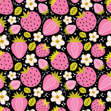 Çilekli, çiçekli, siyah arka planda yapraklı el izi. Yaz arkaplanı tatlı meyveler. Kumaş, ambalaj ve tekstil için yaratıcı İskandinav çocuk dokusu