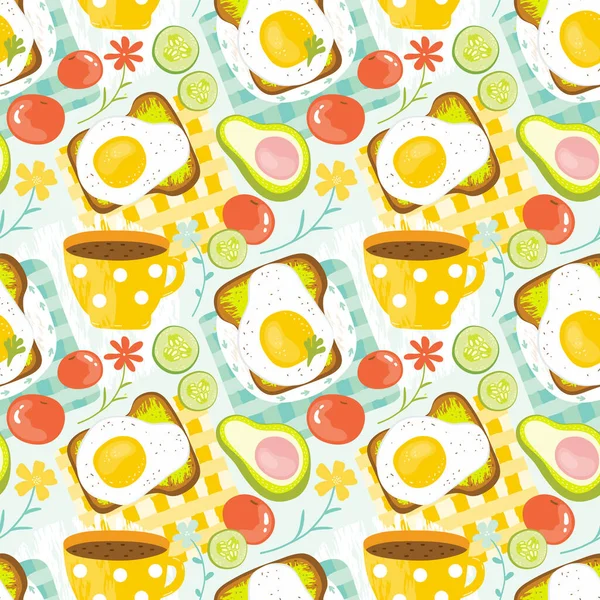 Бесшовный Узор Здоровый Завтрак Утрам Яйца Авокадо Помидор Огурец Сэндвич — стоковый вектор