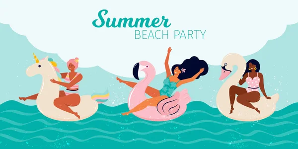 Mujeres Felices Una Fiesta Verano Playa Gente Nada Piscina Mar — Vector de stock