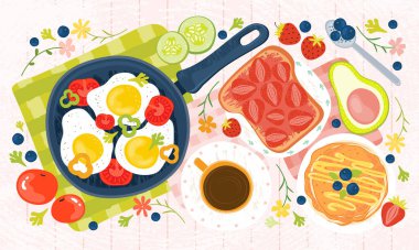 Yaz sağlıklı kahvaltısı - yumurta, sebze, krep, kahve, avokado, tost, reçel, domates, böğürtlen. Ahşap bir masada geleneksel yemekli bir brunch 'ın el çizimi. Taze tarım ürünleri
