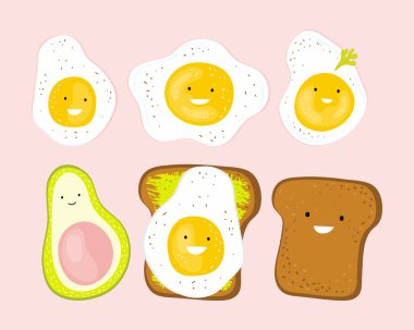 Kahvaltı için komik çizgi film karakterleri. Mutlu yumurta, avokado, tost, ekmek. Sağlıklı bir kahvaltı için ürünleri hazırlayın. Çocuk posteri, afişi, baskısı, tişört tasarımı için el çizimi vektör karakterleri