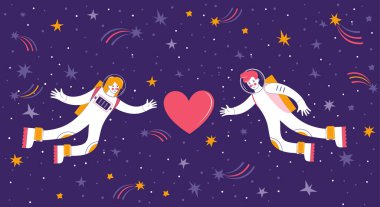 Man and woman in love fly together in starry sky. Loving couple cosmonauts are drawn to the heart. Outer space with stars, meteorites, and comets. Hand drawn romantic illustration for Valentine's day. clipart
