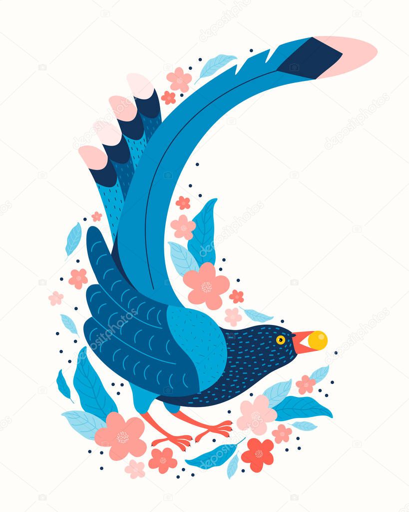 Taiwan blue magpie. Urocissa caerulea. Exotic birds of Taiwan and of Asia. Cute blue bird in hand drawn vector. Cute Blue cartoon bird. Vector flat illustration in Scandinavian style. Nature of Asia