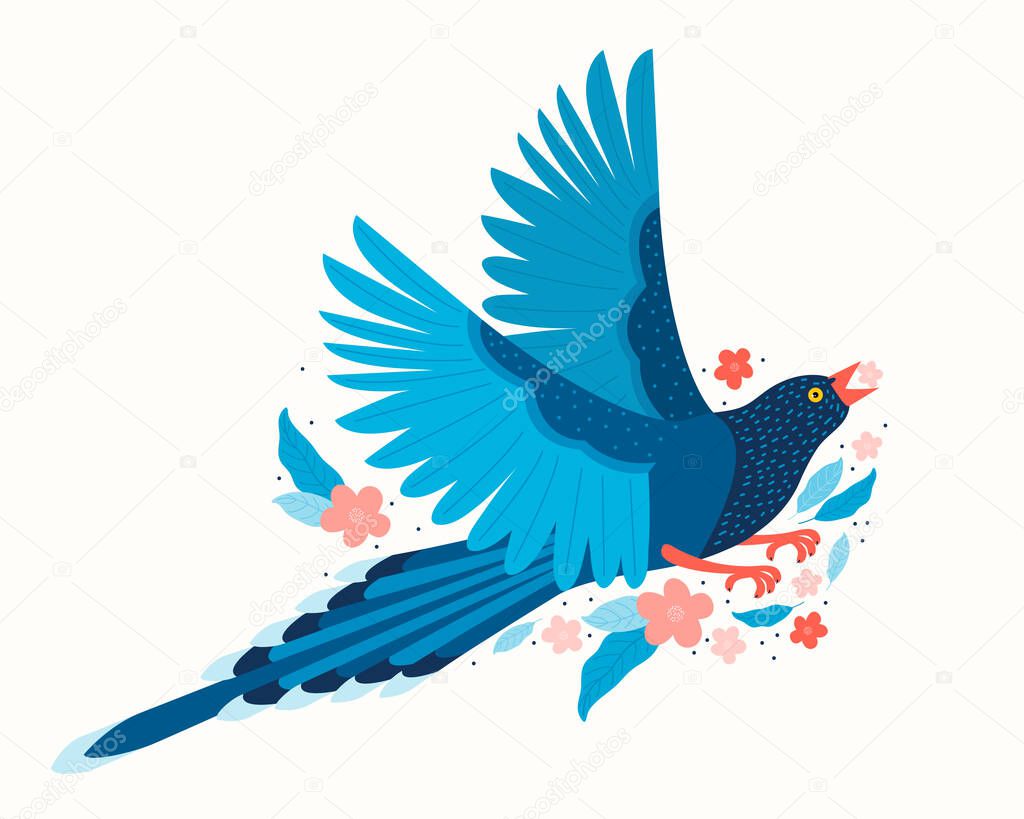 Taiwan blue magpie. Urocissa caerulea. Exotic birds of Taiwan and of Asia. Cute blue bird in hand drawn vector. Cute Blue cartoon bird. Vector flat illustration in Scandinavian style. Nature of Asia