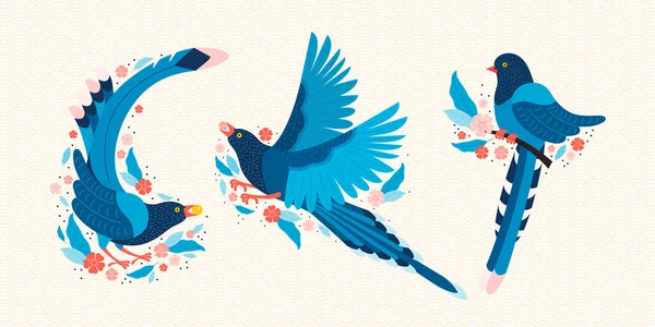 Tayvan mavisi saksağan. Tayvan Urocissa caerulea sembolü. Tayvan, Çin ve Asya 'nın egzotik kuşları. Mavi çizgi film kuşu ve pembe sakura çiçekleri. İskandinav tarzında elle çizilmiş düz çizim
