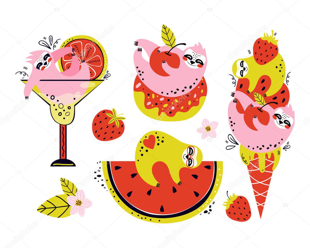 Set of cartoon characters of funny sloths. Cute bears with summer berries and fruit, ice cream, cocktail, donut. Hand drawn vector illustration