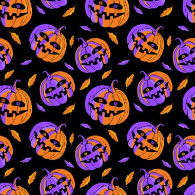 Kusursuz Cadılar Bayramı şablonunuz kutlu olsun. Turuncu balkabağı ve sonbahar yapraklı ürkütücü siyah arka plan. Cadılar Bayramı tebessümleri için bayram karakteri. El çizimi vektör çizimi. Tekstil tasarımı, kağıt