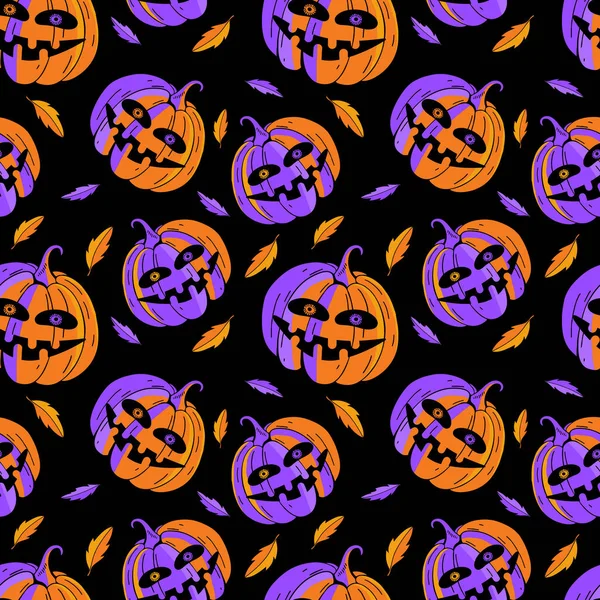 Szczęśliwego Halloween Płynny Wzór Przerażające Czarne Tło Pomarańczową Dynią Jesiennymi — Wektor stockowy