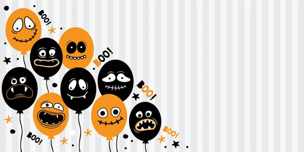 Horizontal Banner Template Happy Halloween Balloons Creepy Faces Jaws Teeth — Stock Vector