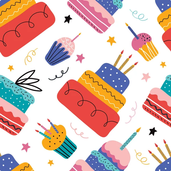 Feliz aniversário mão desenhada padrão sem costura. Bolo de creme de férias com velas, doces bolos de férias, muffin, cupcake com confetti, sobremesas. Fundo festivo vetorial em estilo escandinavo para crianças. — Vetor de Stock