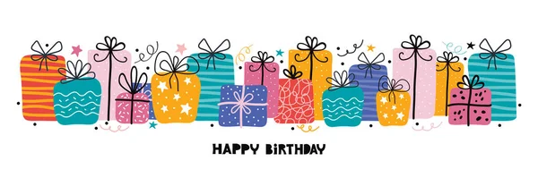 Bday template um banner de férias horizontal com tipografia de aniversário feliz. Lotes de presentes, presentes, streamers, estrelas, elemento gráfico. ilustração desenhada à mão em estilo escandinavo. Espaço para texto — Vetor de Stock