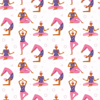 Kusursuz desenli genç kadın evde yoga ve meditasyon yapıyor. Vector düz arka plan farklı yoga pozları ve asmalar. Kız spor yapıyor, egzersiz yapıyor, spor yapıyor, spor yapıyor, ısınıyor, ısınıyor.