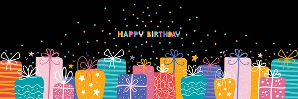 Bday sablon vízszintes ünnep banner boldog születésnapot tipográfia. Rengeteg ajándék és ajándék, szalagok és csillagok. Gyerekzsúr. Kézzel rajzolt vektor illusztráció fekete háttér. — Stock Vector