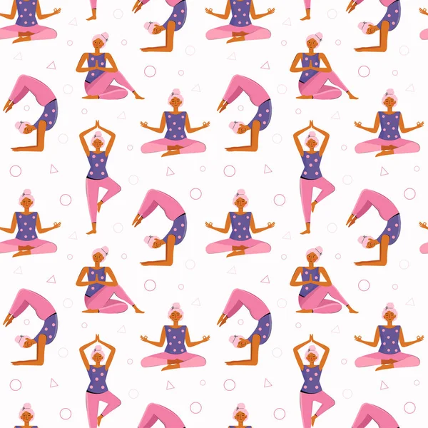 Nahtlose Muster junge Frau macht Yoga und Meditation zu Hause. Vektor flachen Hintergrund verschiedene Yoga-Posen und Asanas. Mädchen beim Sport, Bewegung, Fitnesstraining, Stretching, Aufwärmen, Freizeit — Stockvektor