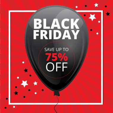 Süper indirimli Kara Cuma pankartı. Kırmızı arka planda reklam metni olan büyük siyah balon. Sosyal medya tanıtımı için indirimli satış. Mobil uygulamalar ve dijital uygulamalar için pankart şablonu