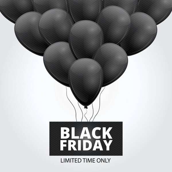 Super sale black Friday square banner with black shiny balloons bunch isolated on white background. Sale with discount for social media promo. Template for mobile apps and digital, poster, website