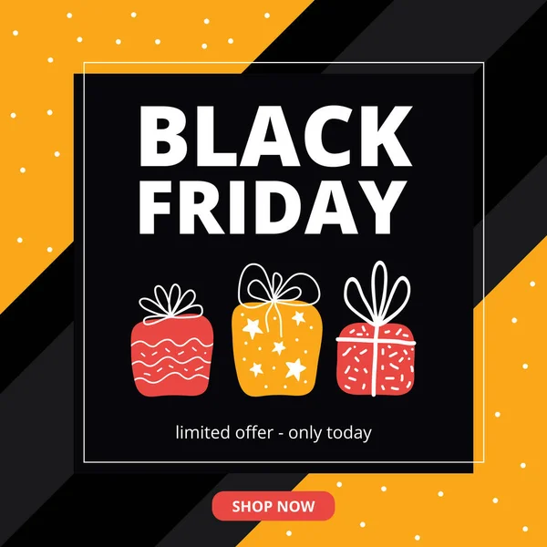 Black Friday Super Sale con descuento para redes sociales. Plantilla cuadrada para marketing digital, aplicaciones móviles y digital. Cajas de regalo brillantes sobre un fondo negro y venta en línea de texto — Archivo Imágenes Vectoriales