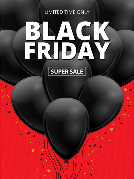 Black Friday super sale. Realistic 3d shiny dark balls with gold stars on red background. Sale with discount offer for social media promo. template for a vertical poster, flyer or banner in vector.