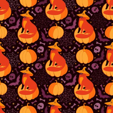 Kusursuz Cadılar Bayramı şablonunuz kutlu olsun. Cadı şapkalı komik kedi balkabağının üstünde oturuyor. Yarasa, kafatası, kemikleri, örümcek ağları, iskeleti olan bir tatil geçmişi. Korkunç canavar karakterler. El çizimi vektör