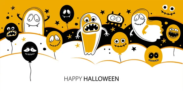 Feliz Halloween Plantilla Banner Horizontal Para Sitio Web Divertidos Personajes — Archivo Imágenes Vectoriales