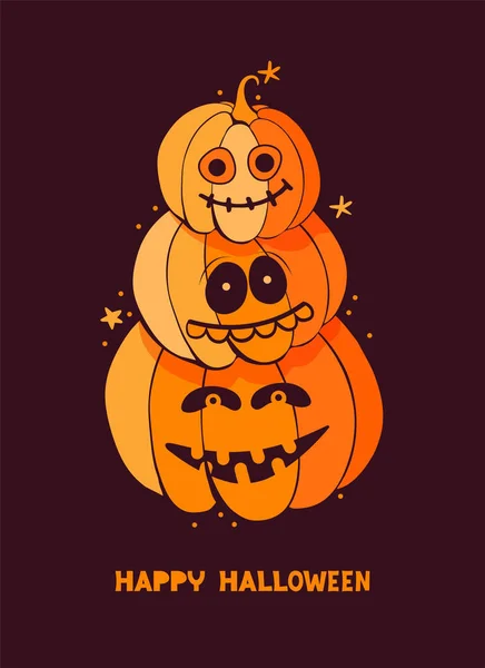 Fiesta Feliz Halloween banner, cartel, tarjeta. Manojo de divertidas calabazas espeluznantes sobre un fondo oscuro con letras. Monstruos espeluznantes de Halloween con dientes, bocas y mandíbulas. Dibujos animados vector ilustración — Archivo Imágenes Vectoriales