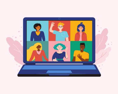 Telekonferansla buluşmak ve online çalışmak için evden video konferansı. Şirket video görüşmesi, uzaktan tartışma. Arkadaşlar dizüstü bilgisayardan konuşuyor. İnsanlar evde kalıyor. Vektör düz resimleme