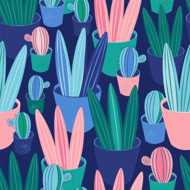 Kusursuz desenli tropikal bitkiler, kaktüsler ve çeşitli vazolarda sulandırıcılar. Ev bahçesiyle arka plan. İskandinav konforlu ev dekorasyonu. Vektör karikatür çizimi. Tekstil, dekor, moda için tasarım