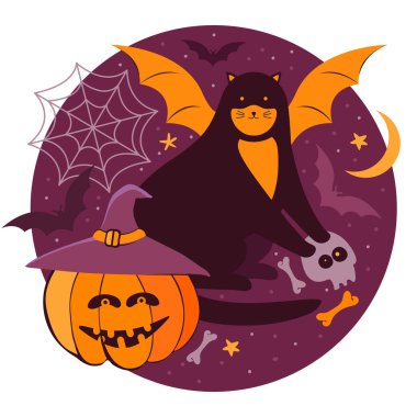 Cadı şapkası, kafatası, kemikler, örümcek ağı ve gece gökyüzüne uçan yarasalarla ürkütücü bir balkabağının yanında oturan sevimli siyah kediyle dekoratif Cadılar Bayramı kompozisyonu. Çizgi film şenlik vektör çizimi