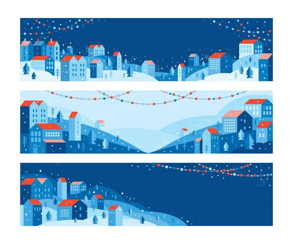 Stadtlandschaft Einem Geometrischen Einfachen Minimalen Flachen Stil Neujahrs Und Weihnachtswinterstadt — Stockvektor