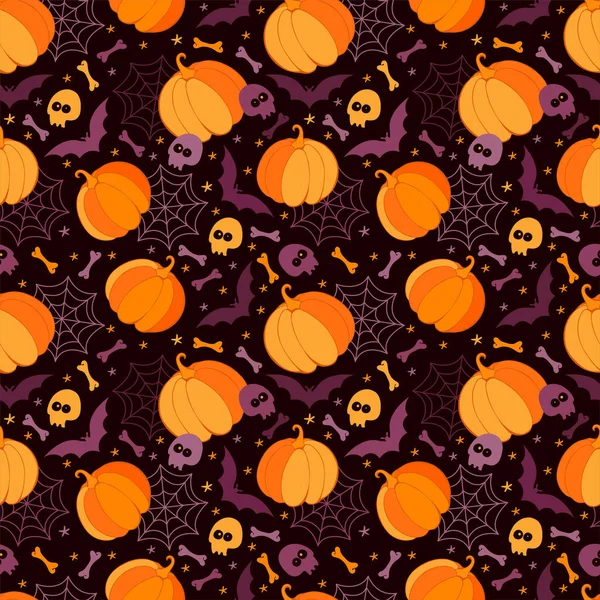 Happy Halloween Urlaub Nahtlose Muster Urlaubshintergrund Mit Gruseligen Kürbissen Fledermaus — Stockvektor