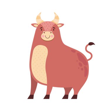 Beyaz arka planda izole edilmiş şirin çizgi film boğası. 2021 yılının sembolü. Zodiac burcu Taurus. Komik öküz. Hayvanın cana yakın karakteri. İskandinav tarzında vektör düz illüstrasyon.