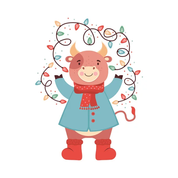 Χαριτωμένο Καρτούν Μωρό Ταύρος Μια Λαμπερή Χριστουγεννιάτικη Γιρλάντα Αστείο Βόδι — Διανυσματικό Αρχείο