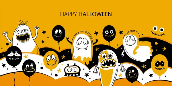 Modelo Banner Horizontal Para Halloween Feliz Balões Com Rostos Assustadores — Vetor de Stock