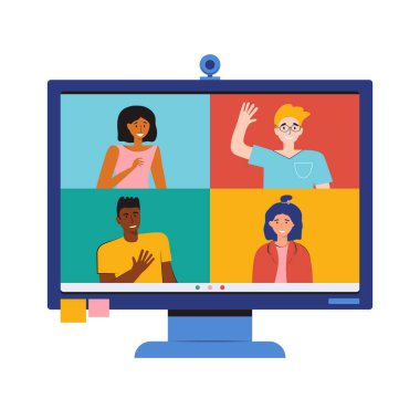 Toplantı için evden video konferansı ve uzaktan kumanda. Telekonferans. İnsanlarla birlikte gözlemle. İnternette arkadaşlarla sohbet ediyorum. Evde kal. Karantinadaki sosyal uzaklık. Vektör düz resimleme.