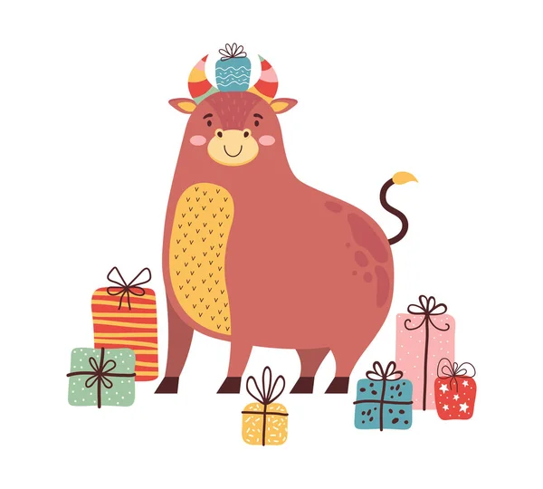 Netter Cartoon-Bulle mit vielen Geschenken. Symbol für das neue Jahr 2021. Glückliche Ochsen feiern Weihnachten. Lustige Kuh-Figur. Weihnachtskarte oder Banner für Weihnachten, Neujahr, Geburtstag im skandinavischen Stil. — Stockvektor