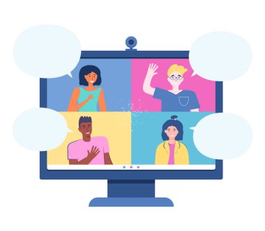 Sanal toplantı ve uzaktan çalışma için evden video konferansı. Telekonferans. İnsanlarla ve konuşma baloncuklarıyla izleyin. İnternette arkadaşlarla sohbet ediyorum. Evde kal. Vektör düz resimleme.