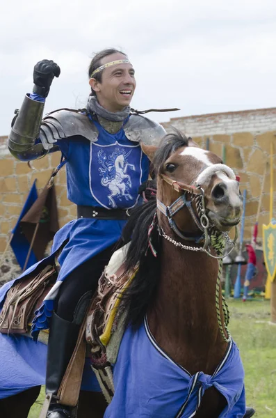 Tlaxcala Messico Settembre 2018 Cavaliere Con Abiti Blu Armatura Cavallo — Foto Stock