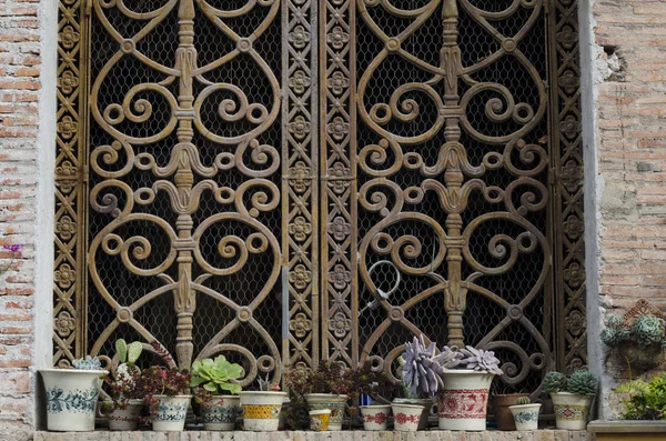 Antieke Houten Venster Met Patroon Ontwerpen Planten Bloemen Decoratieve Vazen — Stockfoto