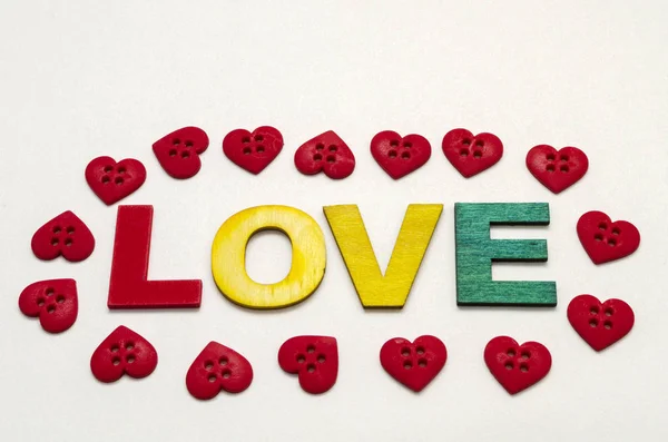 Love Word Made Colorful Wooden Letters Decorated Little Red Heart — Stock Photo, Image