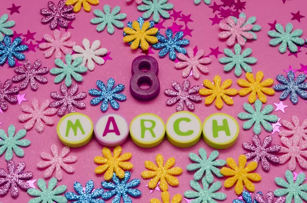March Made Colorful Letters Purple Number Little Colorful Flowers Pink — Stock Photo, Image