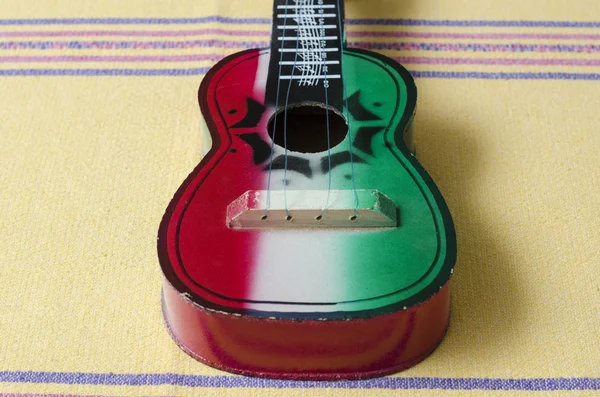 Wooden Guitar Toy Typical Yellow Tablecloth Oaxaca Mexico Traditional Mexican — Stock Photo, Image