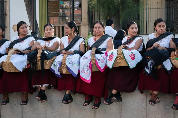 オアハカ オアハカ メキシコ 2019年7月6日 コンビテの間に伝統的な服を着た若い女性 オアハカ メキシコのゲラゲッツァと呼ばれる大きな伝統的なパーティーに招待するために作られたパーティー — ストック写真