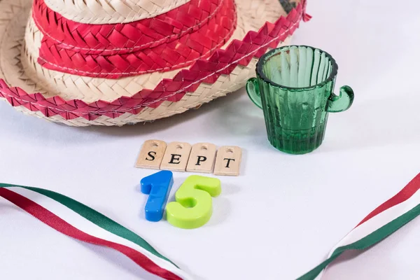 Hat Glass Tequila Ribbon Mexican Flag Colors White Background Decoration — Stock Photo, Image