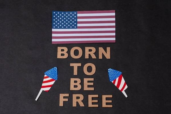 Born Free Phrase Made Wooden Letters Usa Flag Fireworks Black — стоковое фото