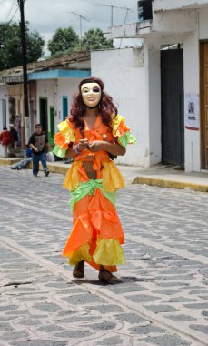 XICO, VERACRUZ, MEXICO - 20 Temmuz 2013: Santa Maria Magdalena 'nın Xico, Veracruz, Meksika' daki kutlamaları sırasında geleneksel kostümlü bir adamın portresi